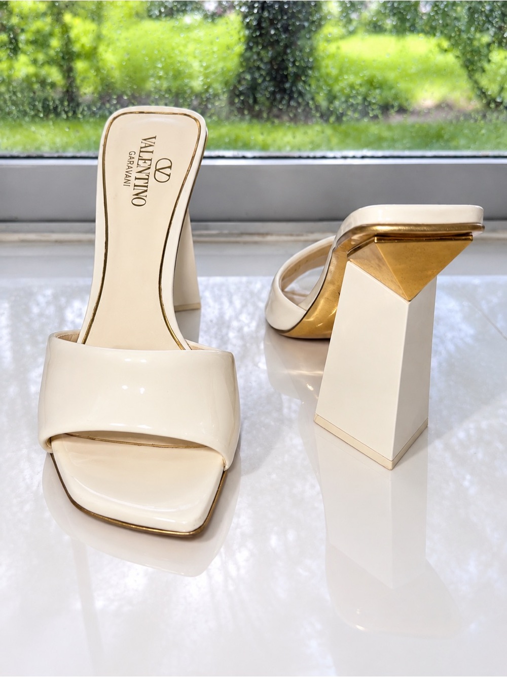Valentino Garavani Cream Patent Leather Block Heel Mules with Gold Accent